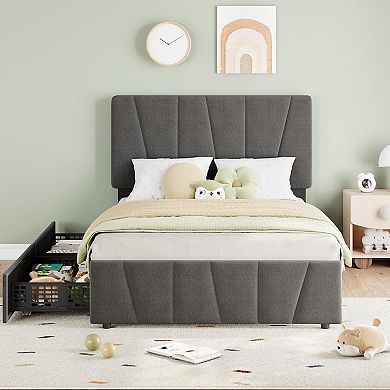 Bed Frame with Upholstered Headboard and 2 Storage Drawers, Velvet Platform Bed