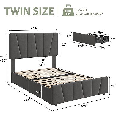 Bed Frame with Upholstered Headboard and 2 Storage Drawers, Velvet Platform Bed