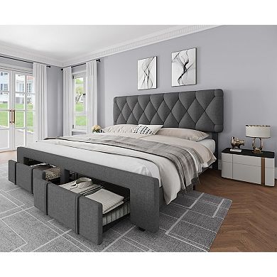 Linen Upholstered Platform Bed Frame with Storage Drawers and Headboard