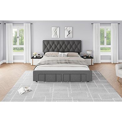 Linen Upholstered Platform Bed Frame with Storage Drawers and Headboard