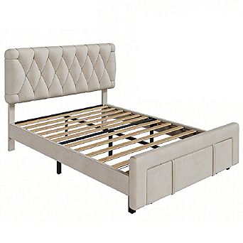 Linen Upholstered Platform Bed Frame with Storage Drawers and Headboard
