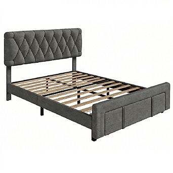 Linen Upholstered Platform Bed Frame with Storage Drawers and Headboard