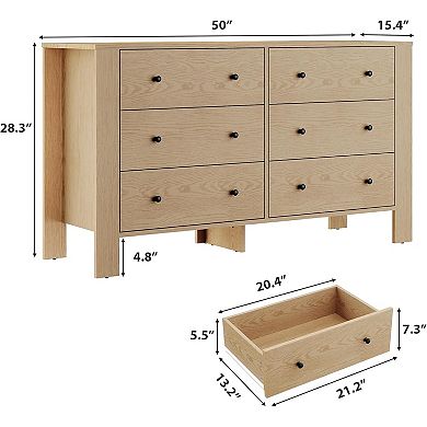 Large 6-Drawer Dresser with Deep Drawers and Metal Knobs