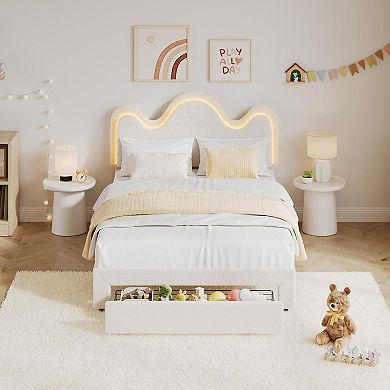Lamb Velvet Platform Bed Frame for Girls and Boys with LED Lights