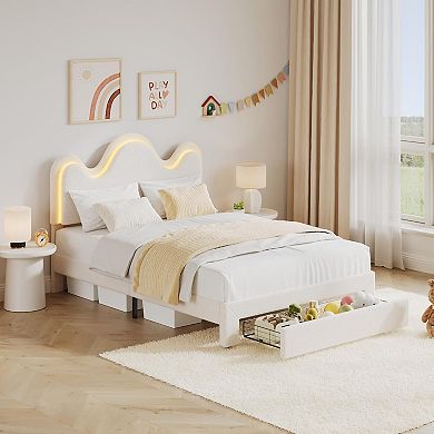 Lamb Velvet Platform Bed Frame for Girls and Boys with LED Lights