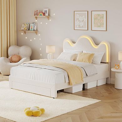 Lamb Velvet Platform Bed Frame for Girls and Boys with LED Lights