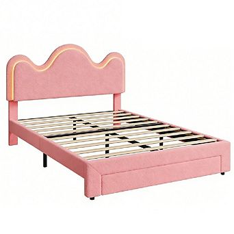 Lamb Velvet Platform Bed Frame for Girls and Boys with LED Lights