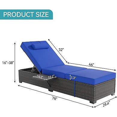 Long PE Wicker Chaise Lounge Set of 2, Outdoor Patio Recliners with Removable Table & Adjustable