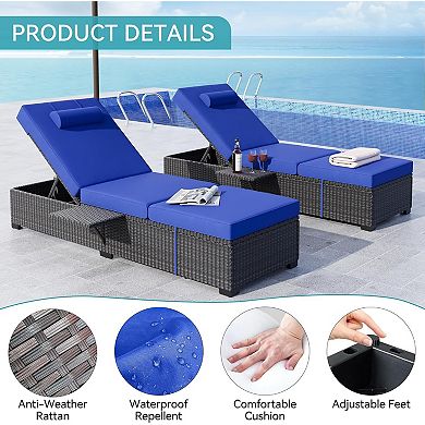 Long PE Wicker Chaise Lounge Set of 2, Outdoor Patio Recliners with Removable Table & Adjustable