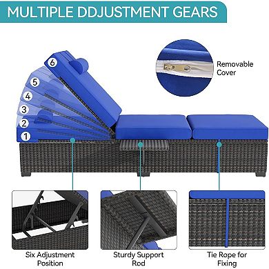 Long PE Wicker Chaise Lounge Set of 2, Outdoor Patio Recliners with Removable Table & Adjustable