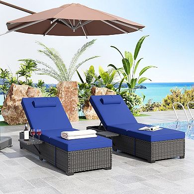 Long PE Wicker Chaise Lounge Set of 2, Outdoor Patio Recliners with Removable Table & Adjustable