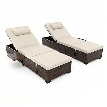 Long PE Wicker Chaise Lounge Set of 2, Outdoor Patio Recliners with Removable Table & Adjustable
