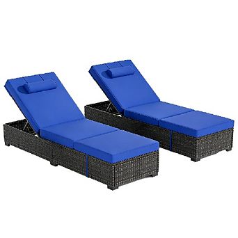 Long PE Wicker Chaise Lounge Set of 2, Outdoor Patio Recliners with Removable Table & Adjustable