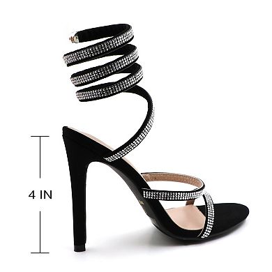 Crystal-Embellished Spiral Ankle Wrap Stiletto Sandals With 4" Heel