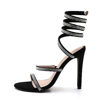 Crystal-Embellished Spiral Ankle Wrap Stiletto Sandals With 4" Heel