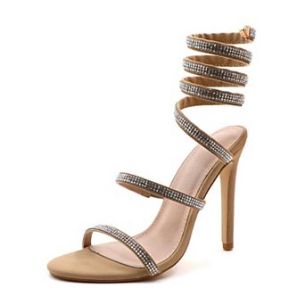 Crystal-Embellished Spiral Ankle Wrap Stiletto Sandals With 4" Heel