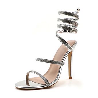 Crystal-Embellished Spiral Ankle Wrap Stiletto Sandals With 4" Heel