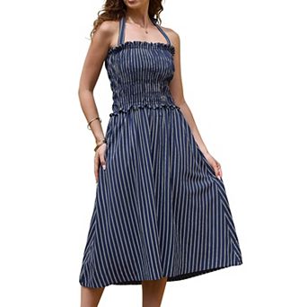 Midi Dress for Women Halter Neck Summer Smocked Striped Dresses