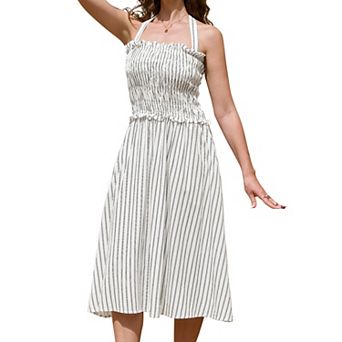 Midi Dress for Women Halter Neck Summer Smocked Striped Dresses