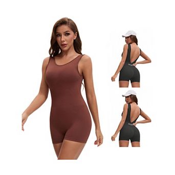 3 Packs Women's Bodysuit Workout Backless Tummy Control V Back Yoga Romper