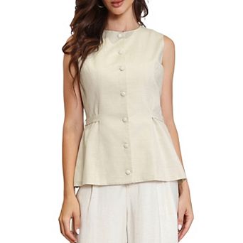 Vest for Women Crew Neck Button Down Waist Belt Business Casual Vest Tops