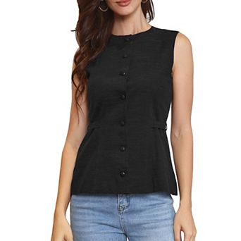 Vest for Women Crew Neck Button Down Waist Belt Business Casual Vest Tops