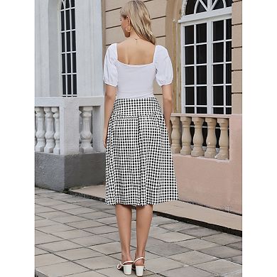 Gingham Skirt for Womens Summer Retro High Waist Below Knee Length Flared Skirts
