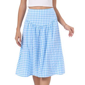Gingham Skirt for Womens Summer Retro High Waist Below Knee Length Flared Skirts