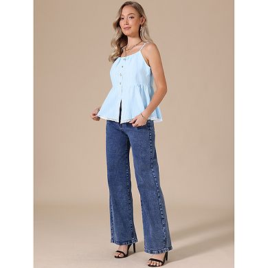 Striped Button Front Tops for Women's Adjustable Spaghetti Strap Flared Ruffle Lace Trim Tank Top