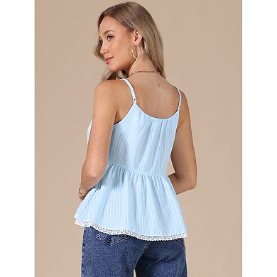 Striped Button Front Tops for Women's Adjustable Spaghetti Strap Flared Ruffle Lace Trim Tank Top