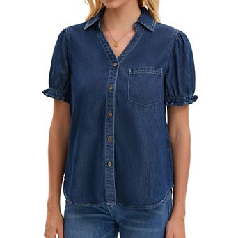 Women's Denim Top Summer V Neck Short Sleeve Button Front Jean Shirt Blouse