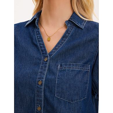 Women's Denim Top Summer V Neck Short Sleeve Button Front Jean Shirt Blouse