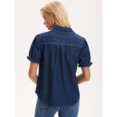 Women's Denim Top Summer V Neck Short Sleeve Button Front Jean Shirt Blouse