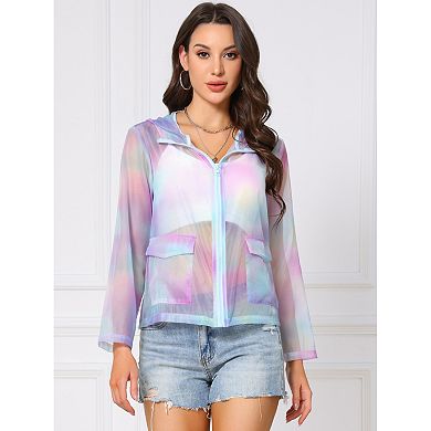 Rainbow Mesh Sheer Jacket for Women Hooded Long Sleeve Zipper Party Jacket with Pockets