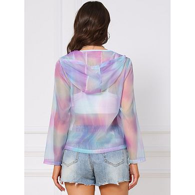 Rainbow Mesh Sheer Jacket for Women Hooded Long Sleeve Zipper Party Jacket with Pockets