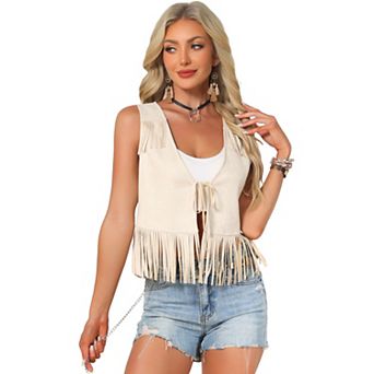 Fringe Vests for Women's Cowgirl Sleeveless Top Faux Suede Tassel Vest Top