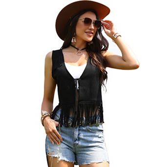 Fringe Vests for Women's Cowgirl Sleeveless Top Faux Suede Tassel Vest Top