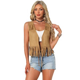 Fringe Vests for Women's Cowgirl Sleeveless Top Faux Suede Tassel Vest Top