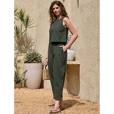 Gingham Pants Set for Women's 2 Piece Outfits Sleeveless Crop Top and Lounge Wide Leg Pants