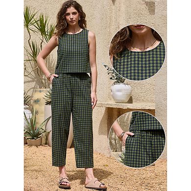 Gingham Pants Set for Women's 2 Piece Outfits Sleeveless Crop Top and Lounge Wide Leg Pants