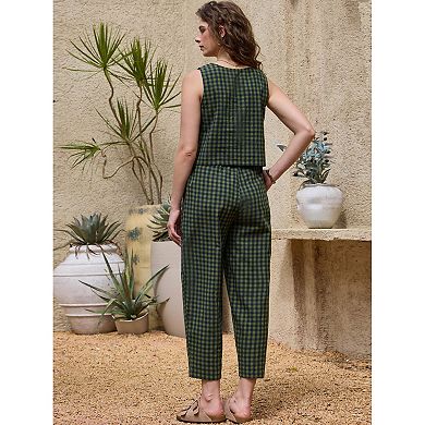Gingham Pants Set for Women's 2 Piece Outfits Sleeveless Crop Top and Lounge Wide Leg Pants