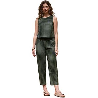 Gingham Pants Set for Women's 2 pc Outfits Sleeveless Crop Top and Lounge Wide Leg Pants
