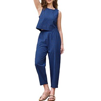 Gingham Pants Set for Women's 2 pc Outfits Sleeveless Crop Top and Lounge Wide Leg Pants
