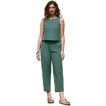 Gingham Pants Set for Women's 2 pc Outfits Sleeveless Crop Top and Lounge Wide Leg Pants