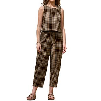 Gingham Pants Set for Women's 2 pc Outfits Sleeveless Crop Top and Lounge Wide Leg Pants
