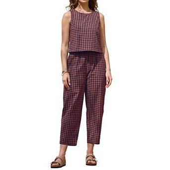 Gingham Pants Set for Women's 2 pc Outfits Sleeveless Crop Top and Lounge Wide Leg Pants
