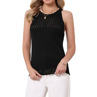 Crochet Knit Tank Tops for Women's Summer Casual High Neck Cami Sleeveless Sweater Vest Top