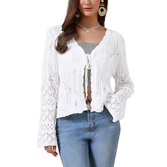 Boho Crochet Cardigan for Women Casual Tie Front Shrugs Lightweight Long Sleeve Cardigans Top