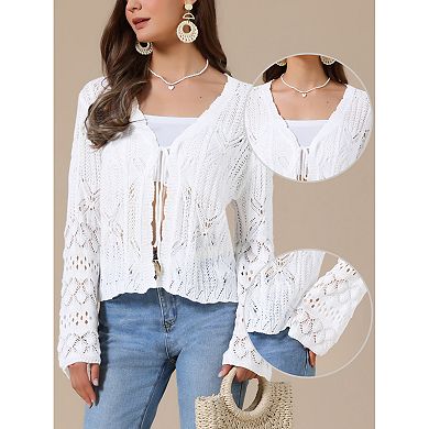 Boho Crochet Cardigan for Women Casual Tie Front Shrugs Lightweight Long Sleeve Cardigans Top