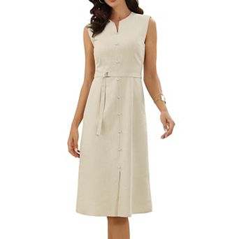 Linen Dresses for Women Summer Sleeveless Crew Neck Elegant Office Work Dresses with Belt